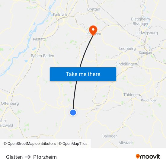 Glatten to Pforzheim map