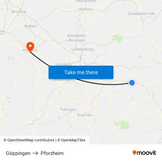Göppingen to Pforzheim map