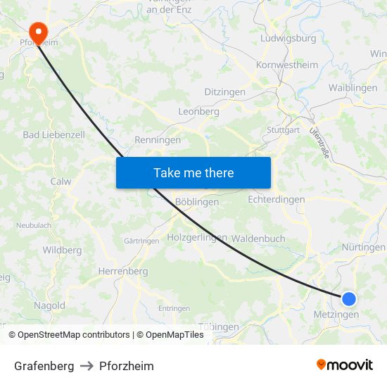 Grafenberg to Pforzheim map