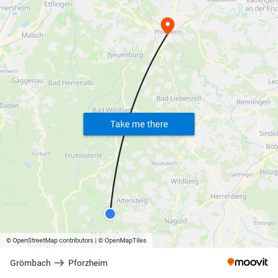 Grömbach to Pforzheim map