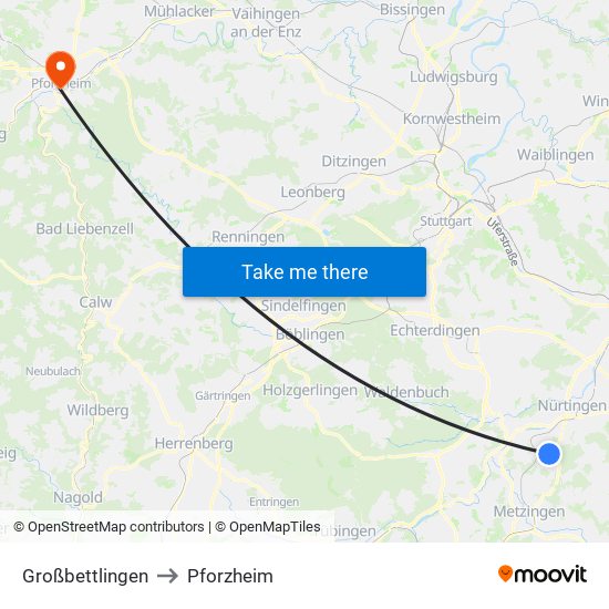 Großbettlingen to Pforzheim map