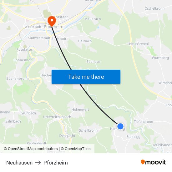Neuhausen to Pforzheim map