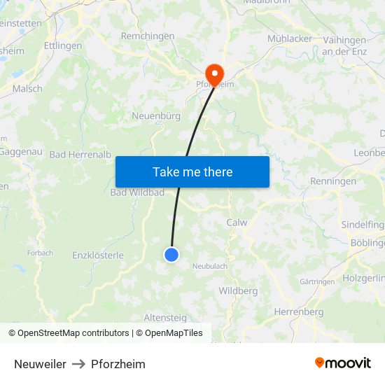 Neuweiler to Pforzheim map