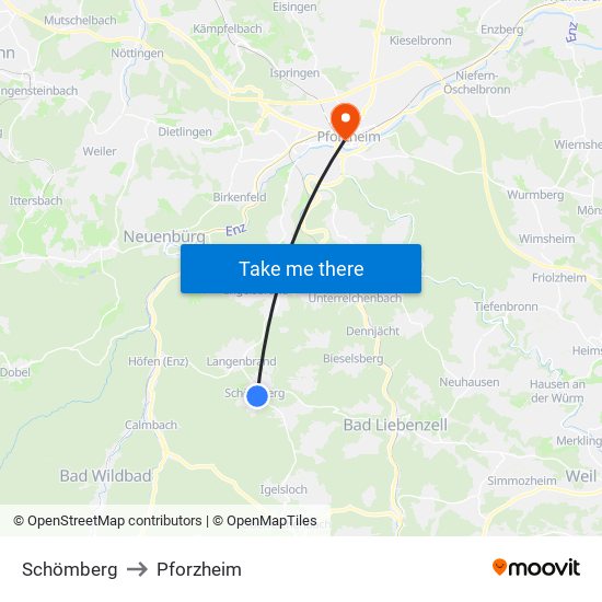 Schömberg to Pforzheim map