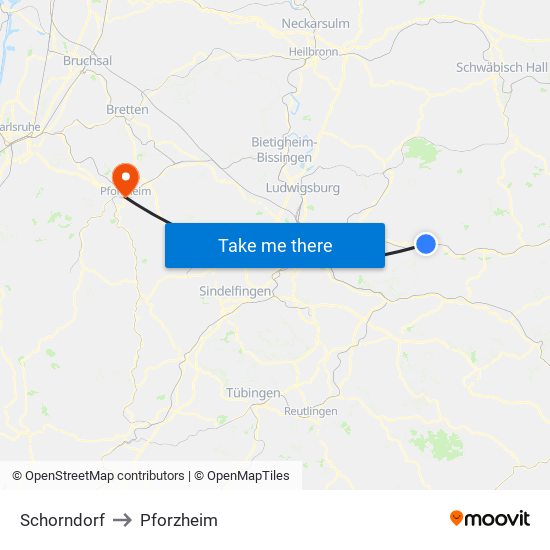 Schorndorf to Pforzheim map