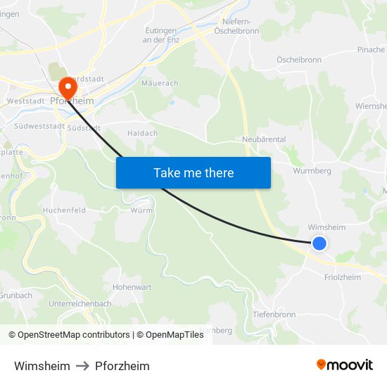 Wimsheim to Pforzheim map