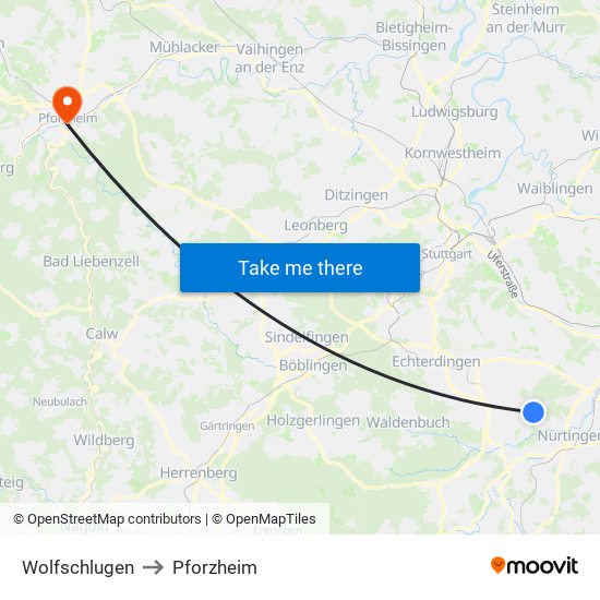 Wolfschlugen to Pforzheim map