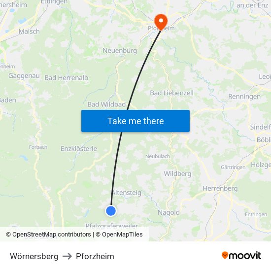 Wörnersberg to Pforzheim map