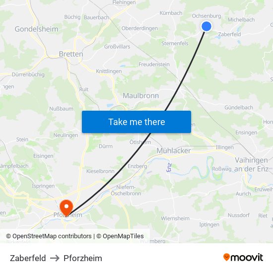 Zaberfeld to Pforzheim map