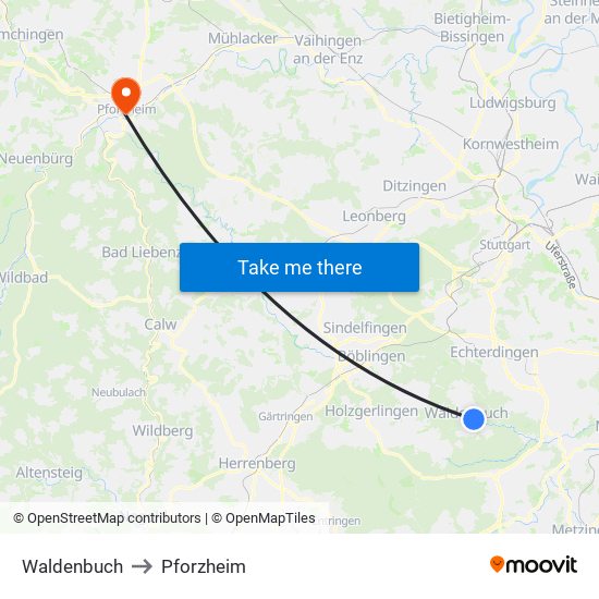 Waldenbuch to Pforzheim map