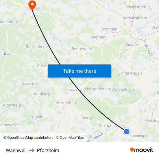 Wannweil to Pforzheim map