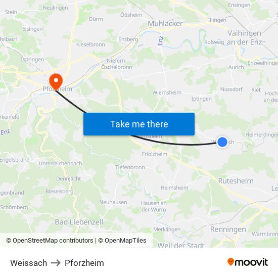 Weissach to Pforzheim map