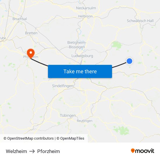 Welzheim to Pforzheim map