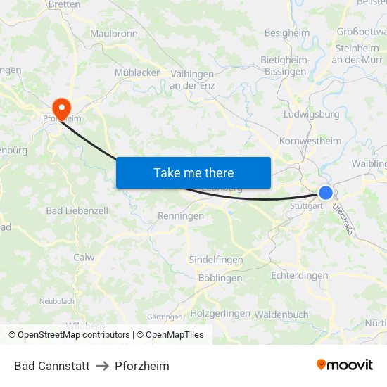 Bad Cannstatt to Pforzheim map