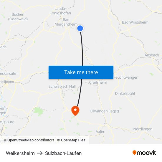Weikersheim to Sulzbach-Laufen map