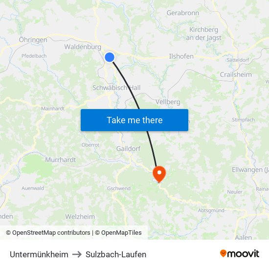 Untermünkheim to Sulzbach-Laufen map