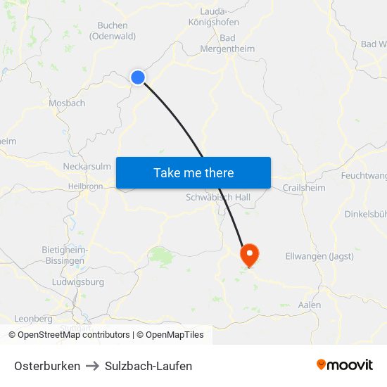 Osterburken to Sulzbach-Laufen map