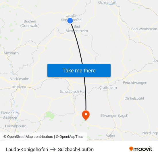 Lauda-Königshofen to Sulzbach-Laufen map