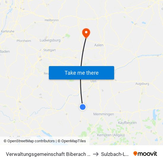 Verwaltungsgemeinschaft Biberach An Der Riß to Sulzbach-Laufen map