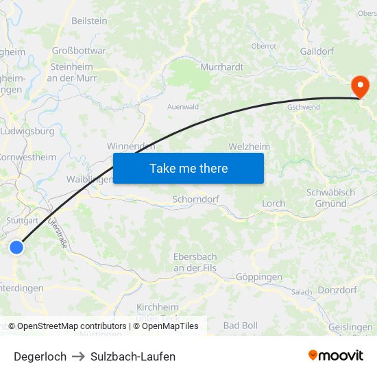 Degerloch to Sulzbach-Laufen map