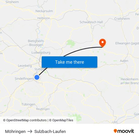 Möhringen to Sulzbach-Laufen map