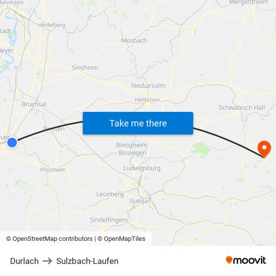 Durlach to Sulzbach-Laufen map