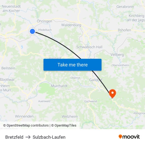 Bretzfeld to Sulzbach-Laufen map