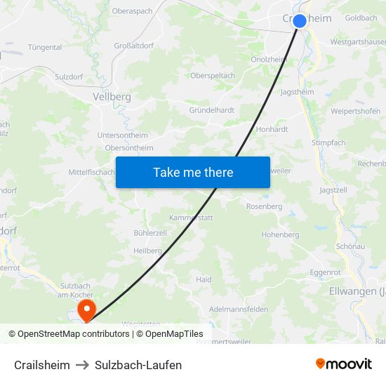 Crailsheim to Sulzbach-Laufen map