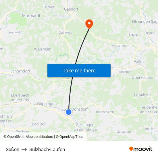 Süßen to Sulzbach-Laufen map