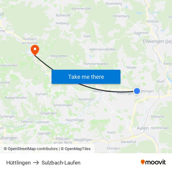 Hüttlingen to Sulzbach-Laufen map