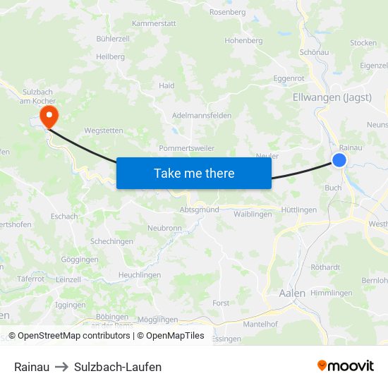 Rainau to Sulzbach-Laufen map