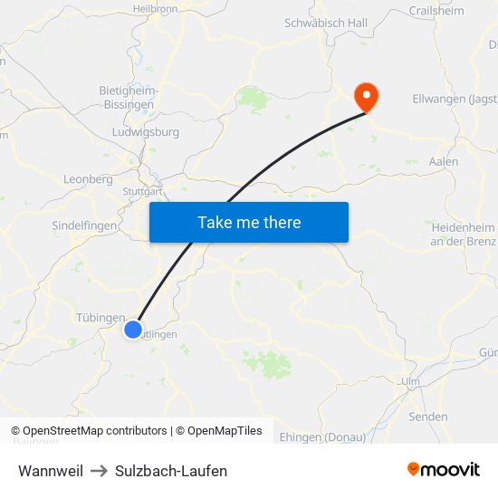 Wannweil to Sulzbach-Laufen map