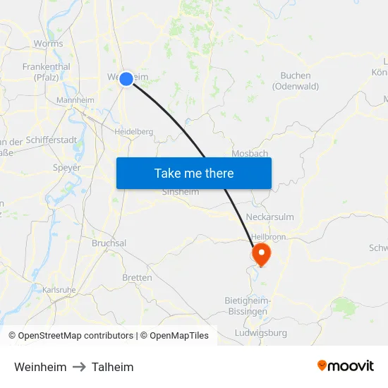 Weinheim to Talheim map