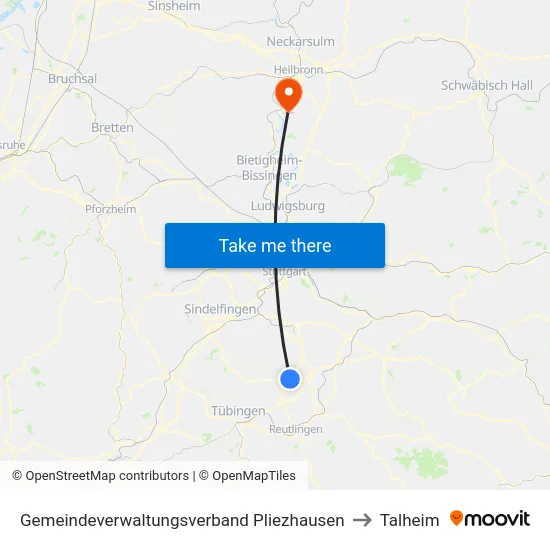 Gemeindeverwaltungsverband Pliezhausen to Talheim map