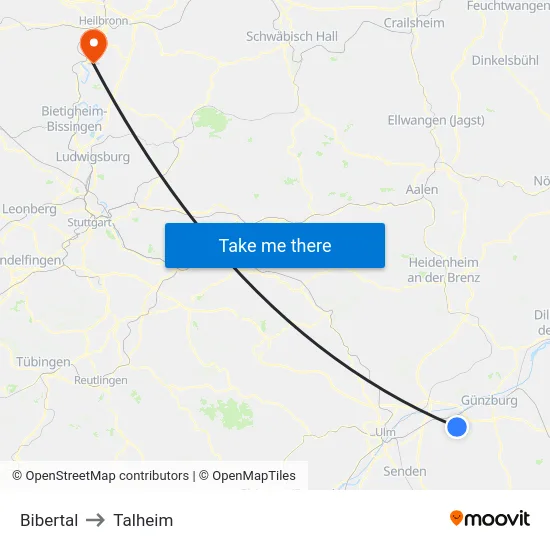Bibertal to Talheim map