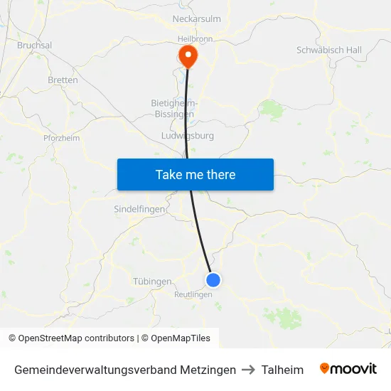 Gemeindeverwaltungsverband Metzingen to Talheim map