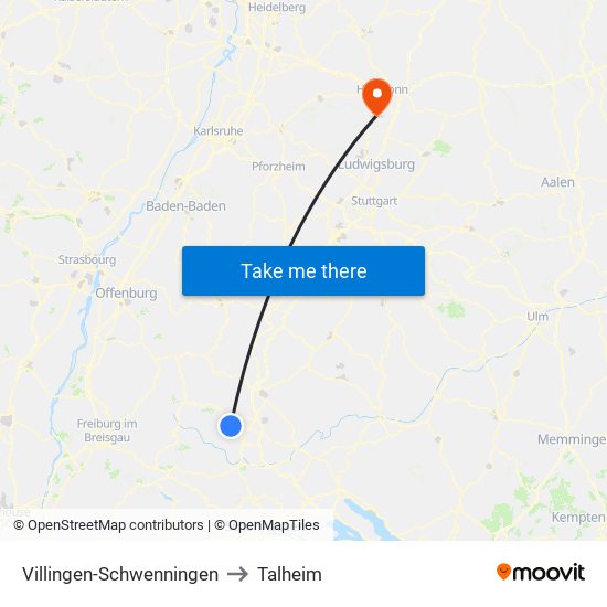 Villingen-Schwenningen to Talheim map