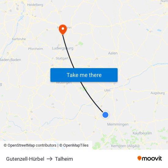 Gutenzell-Hürbel to Talheim map