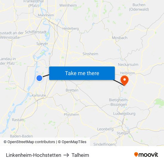 Linkenheim-Hochstetten to Talheim map