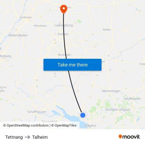 Tettnang to Talheim map