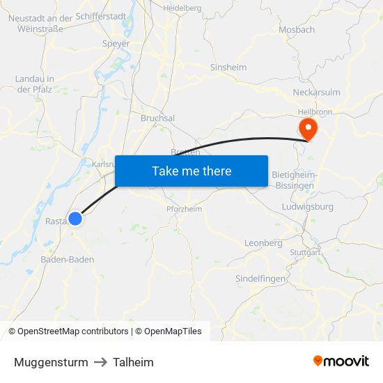 Muggensturm to Talheim map