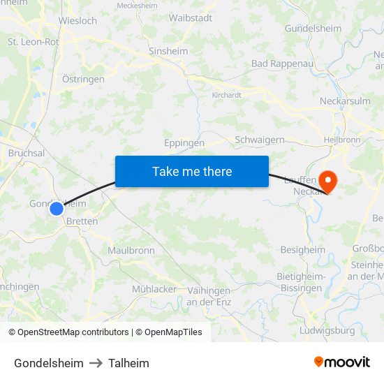 Gondelsheim to Talheim map