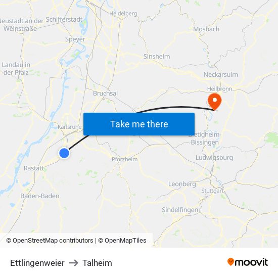 Ettlingenweier to Talheim map