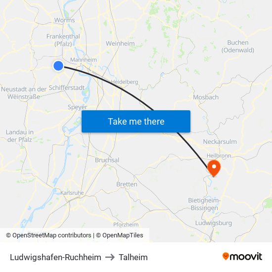 Ludwigshafen-Ruchheim to Talheim map