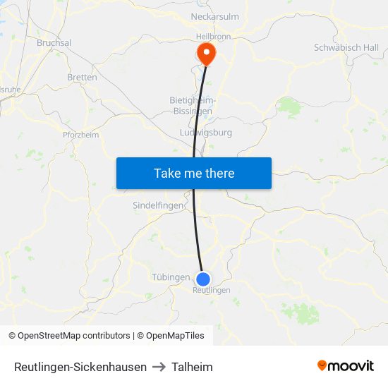 Reutlingen-Sickenhausen to Talheim map