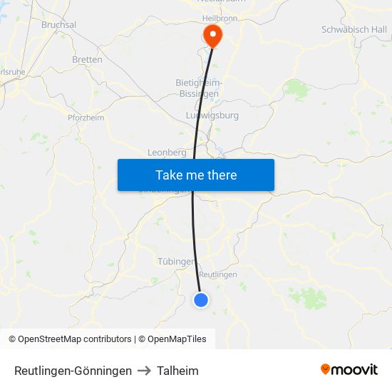 Reutlingen-Gönningen to Talheim map