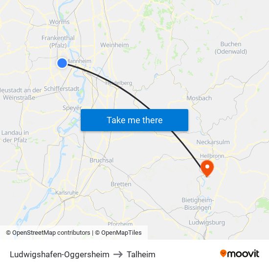 Ludwigshafen-Oggersheim to Talheim map