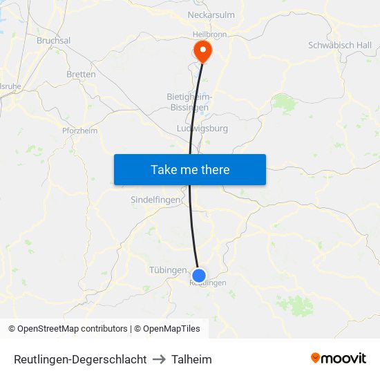 Reutlingen-Degerschlacht to Talheim map