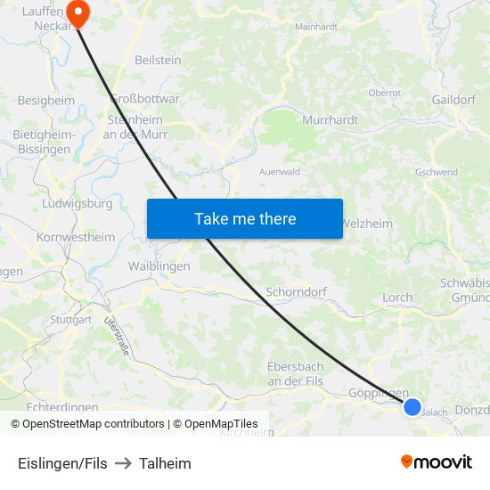 Eislingen/Fils to Talheim map