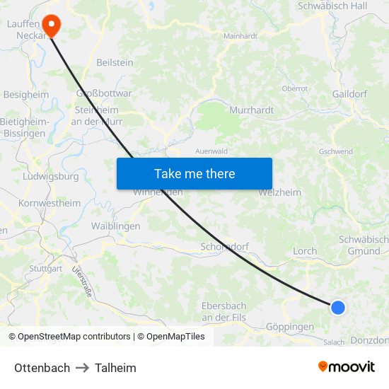 Ottenbach to Talheim map